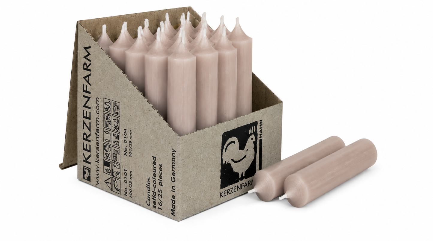Stabkerzen Taupe, 100/22 mm, Brenndauer 4h, 25 St., KERZENFARM HAHN