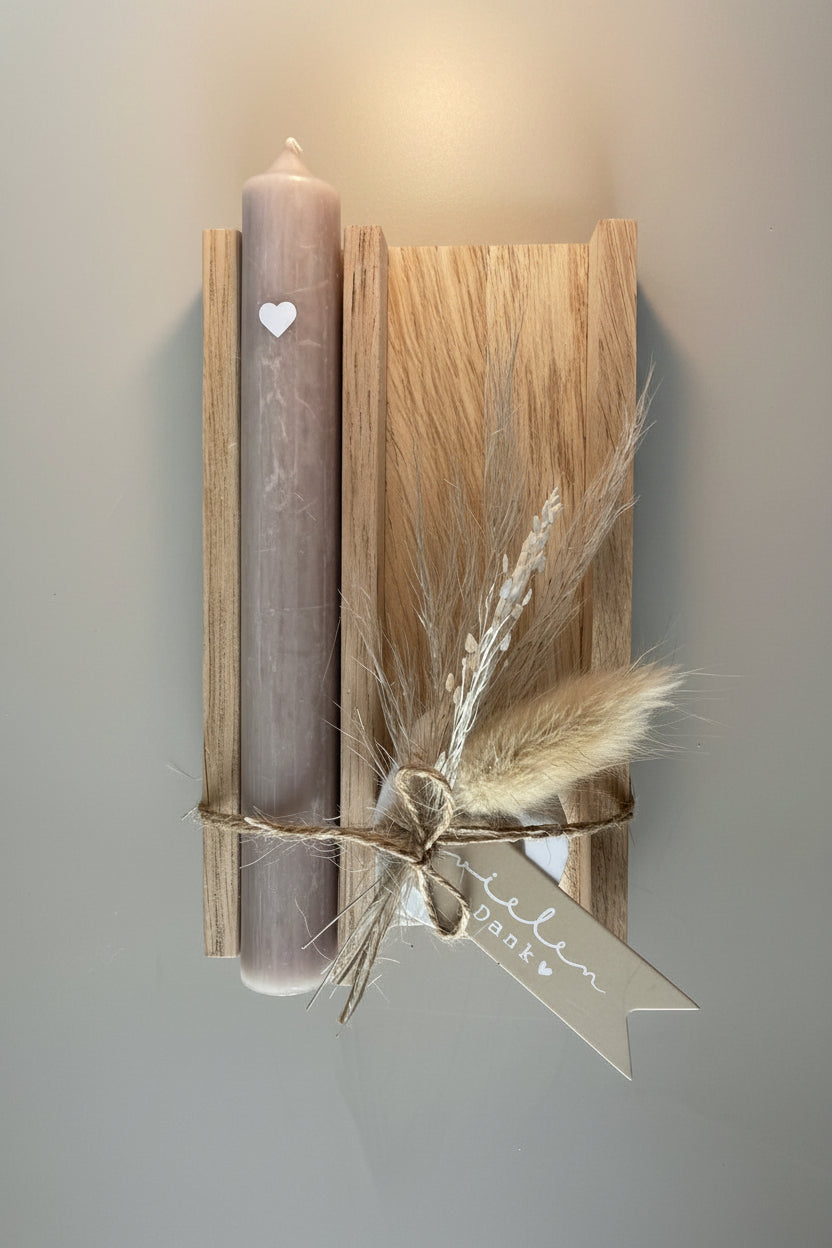 Dankeschön Geschenk Set - Handgemacht aus Eichenholz, Kerze und Trockenblumen – Perfektes Geschenk für Freundin, Kollegen und Familie