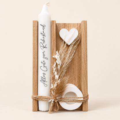 Geschenk zum Ruhestand mit Kerze und Trockenblumen