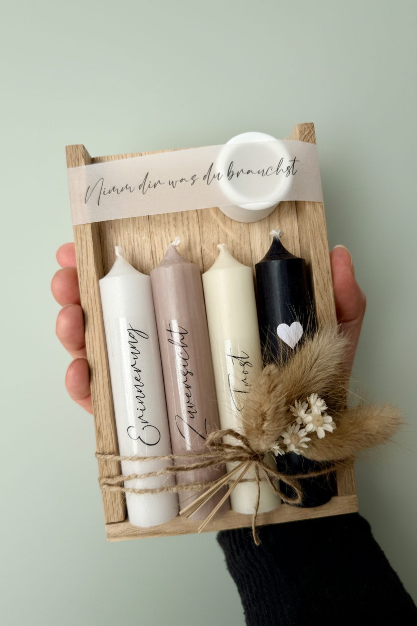 kleines Kerzengeschenkset „Nimm dir was du Brauchst“ Geschenk Kerzen Trauer Anteilnahme Motivation Mut Kraft Trost Geschenkidee