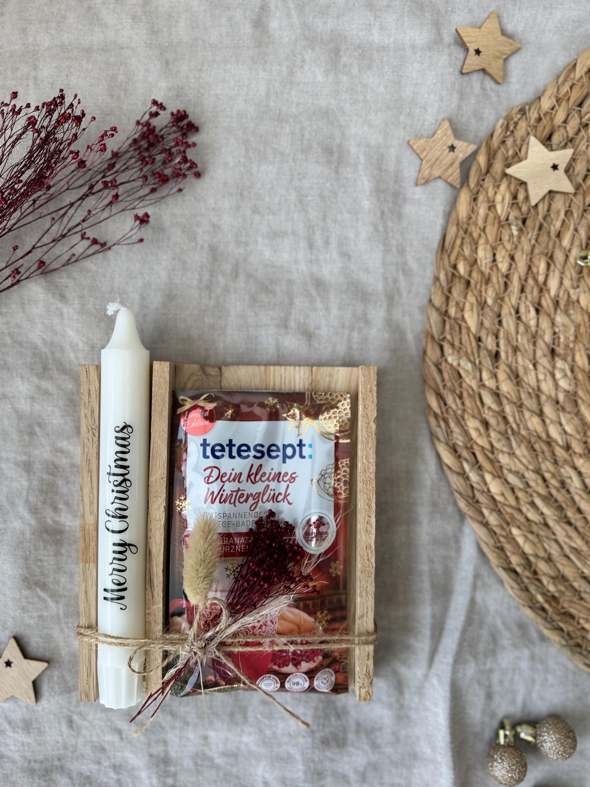 Weihnachts-Geschenkset mit Spruchkerze und Tetesept Badesalz