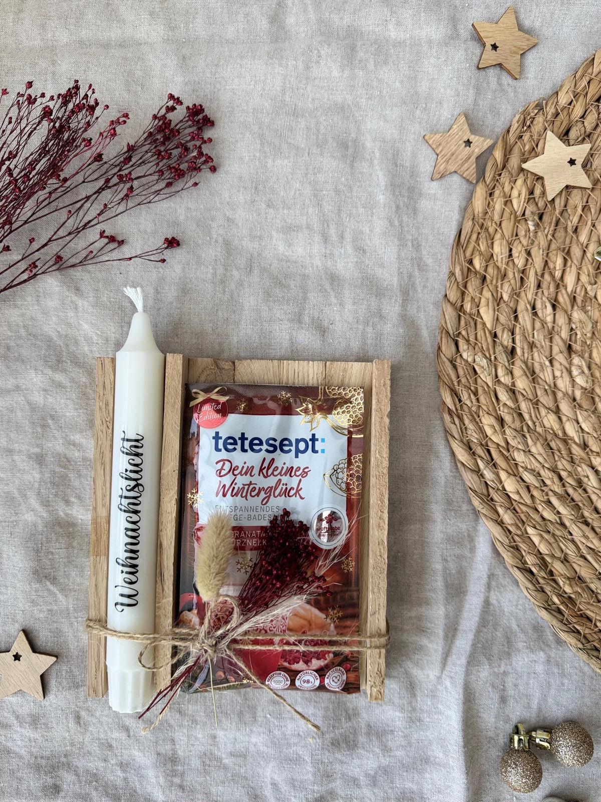 Wichtelgeschenk mit Kerze Frohe Weihnachten und Badesalz