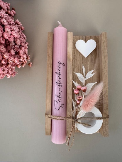 Kerze mit Herz – Handgemachtes Kerzengeschenk aus Holz mit Trockenblumen – Geschenkidee für Geburtstag, Hochzeit, Valentinstag & mehr