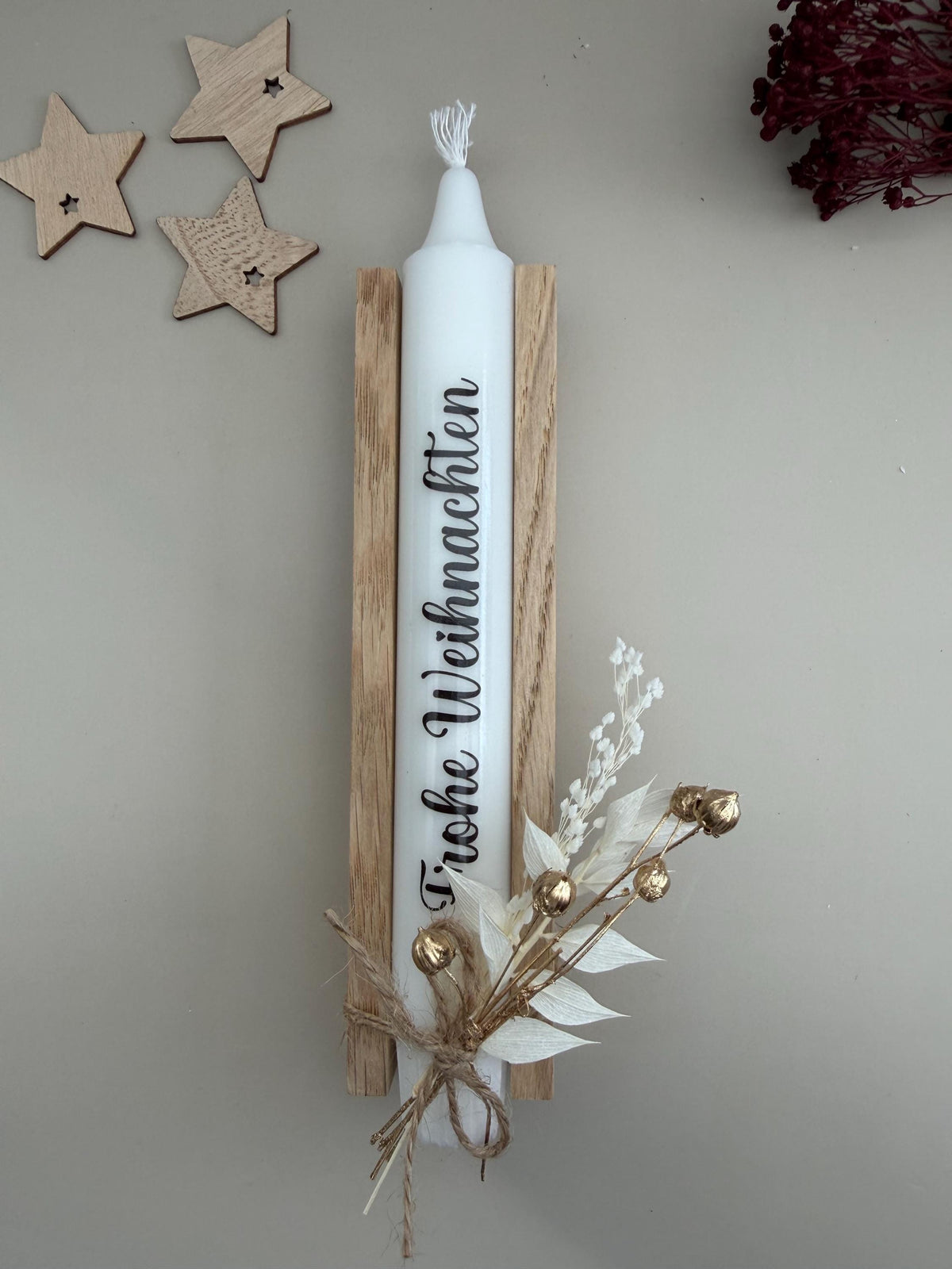 Kleines Wichtelgeschenk mit Kerze Frohe Weihnachten und Trockenblumen
