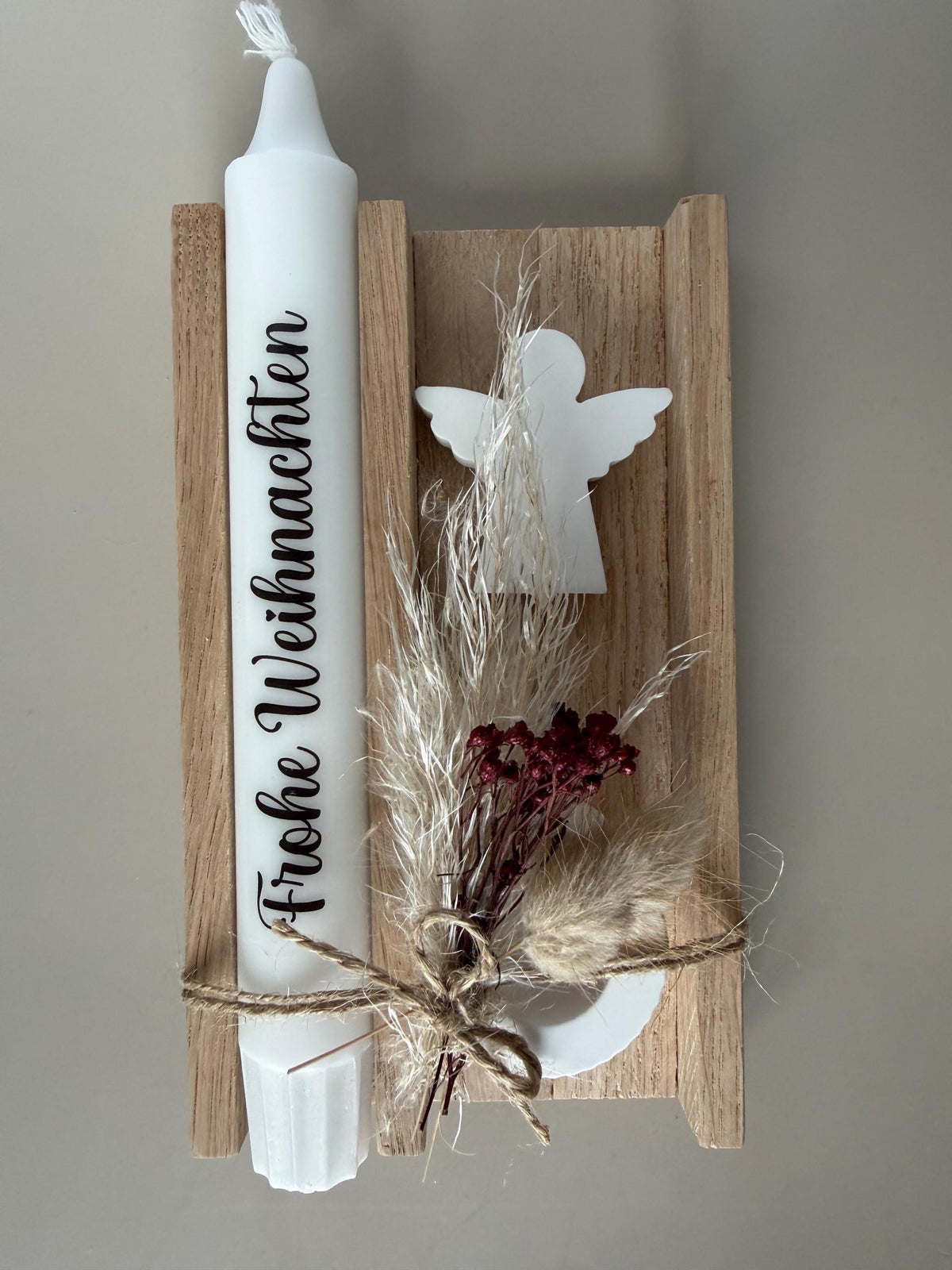 Weihnachtsgeschenk aus Eichenholz mit Spruchkerze und Engel