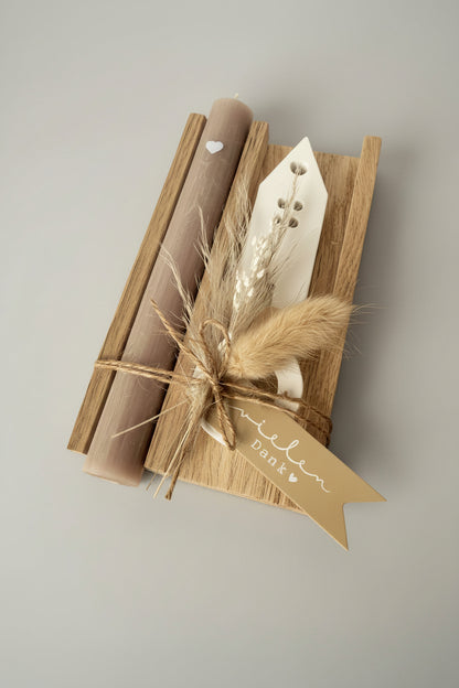 Dankeschön Geschenk Set - Handgemacht aus Eichenholz, Kerze und Trockenblumen – Perfektes Geschenk für Freundin, Kollegen und Familie