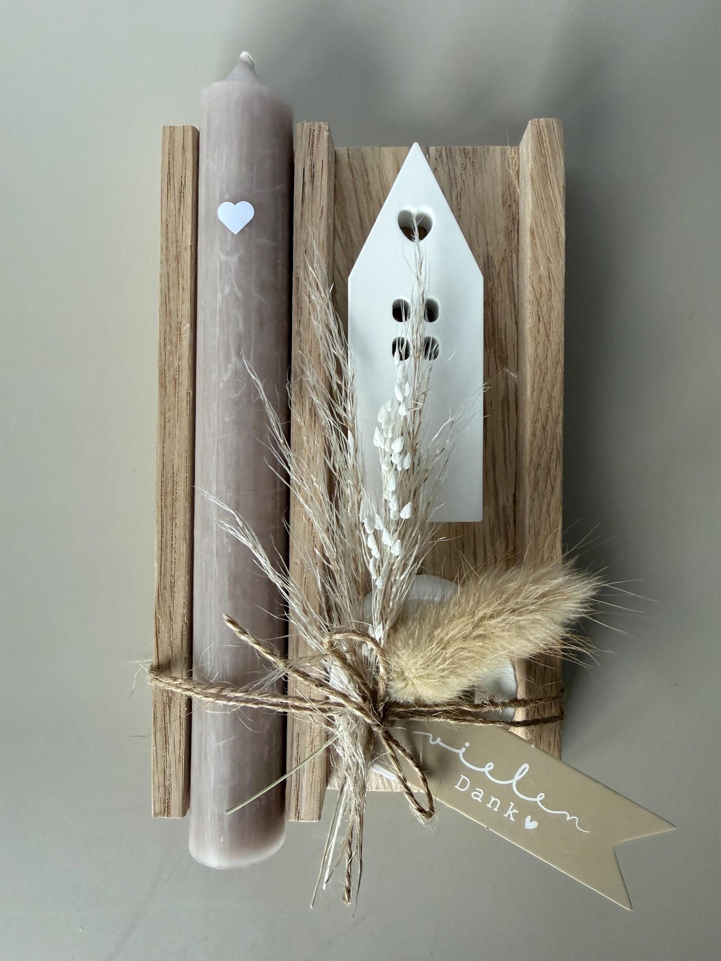 Dankeschön Geschenk Set - Handgemacht aus Eichenholz, Kerze und Trockenblumen – Perfektes Geschenk für Freundin, Kollegen und Familie