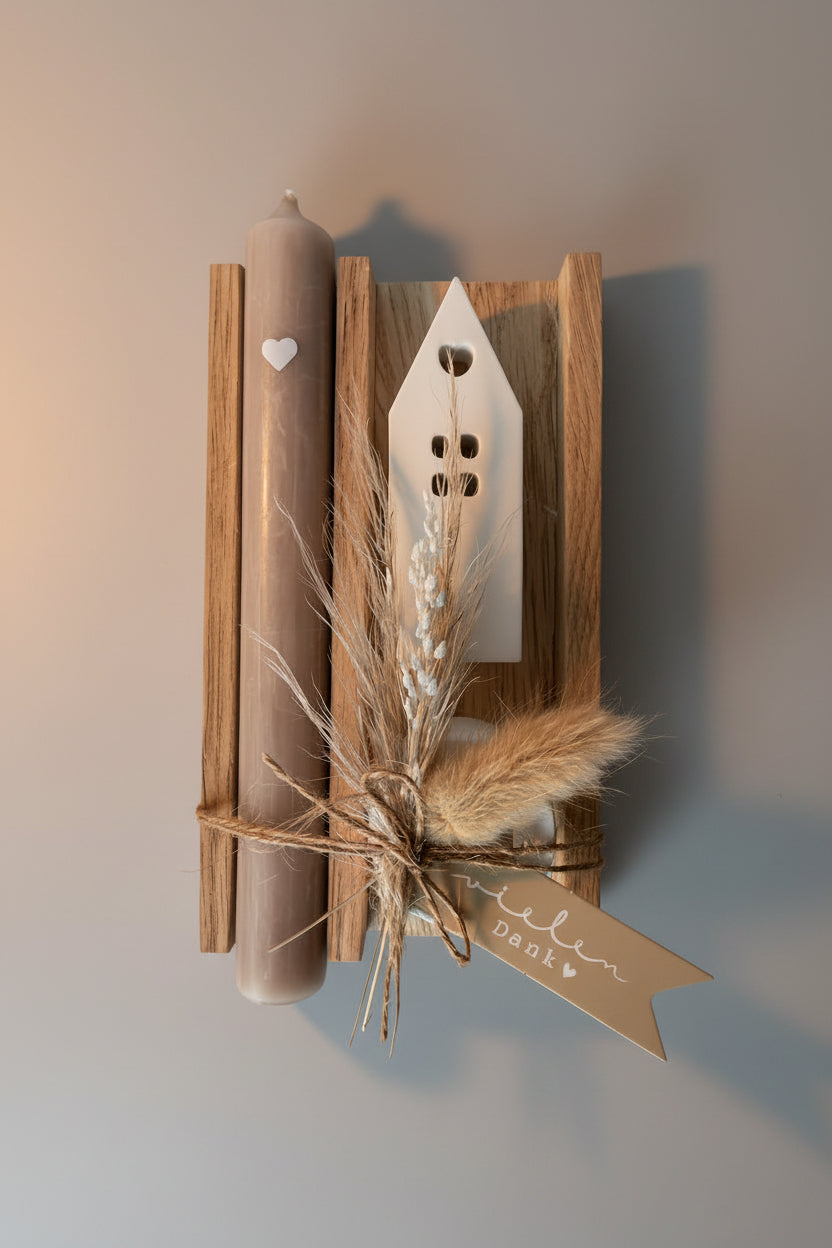 Dankeschön Geschenk Set - Handgemacht aus Eichenholz, Kerze und Trockenblumen – Perfektes Geschenk für Freundin, Kollegen und Familie