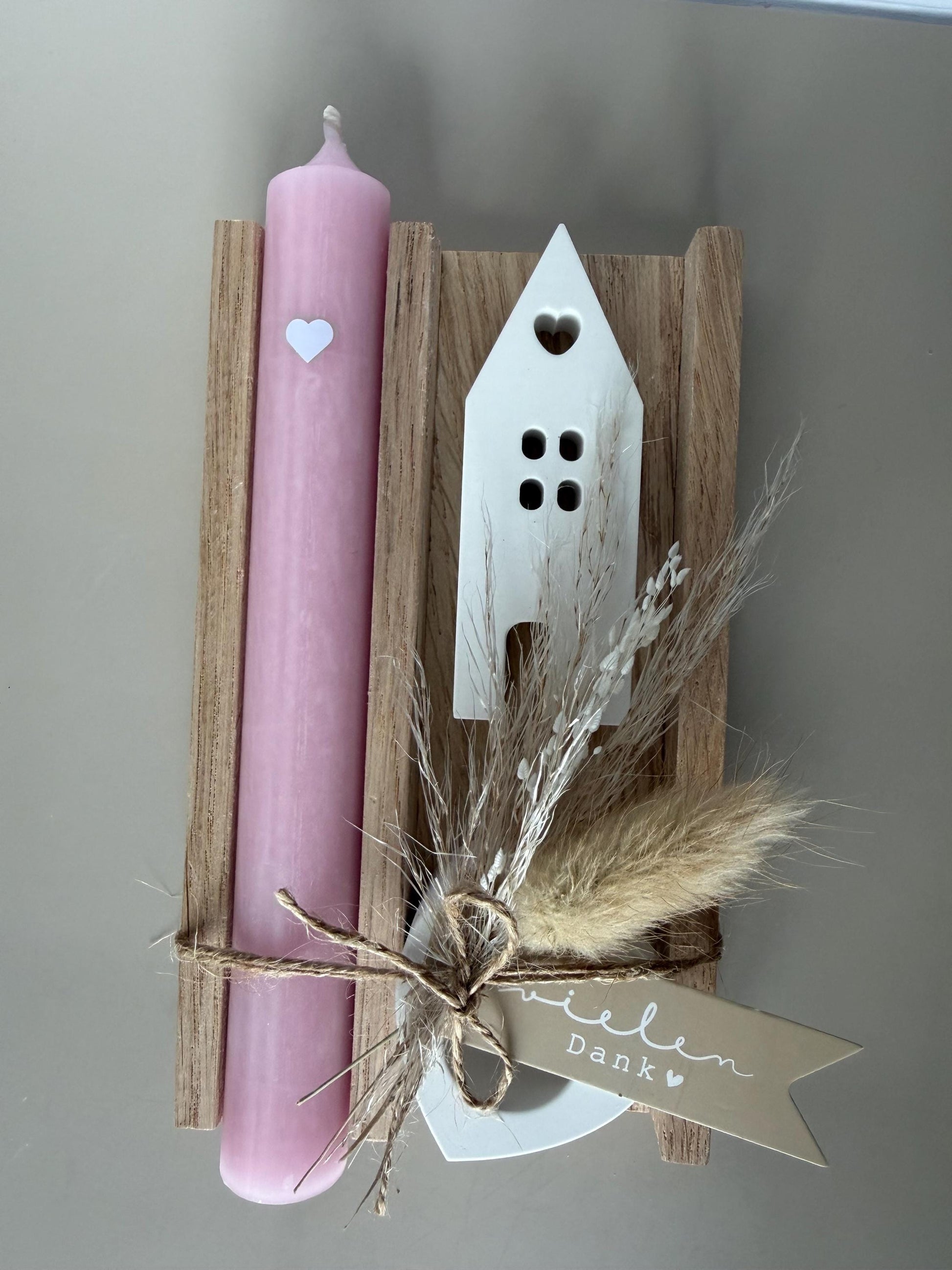 Dankeschön Geschenk Set - Handgemacht aus Eichenholz, Kerze und Trockenblumen – Perfektes Geschenk für Freundin, Kollegen und Familie