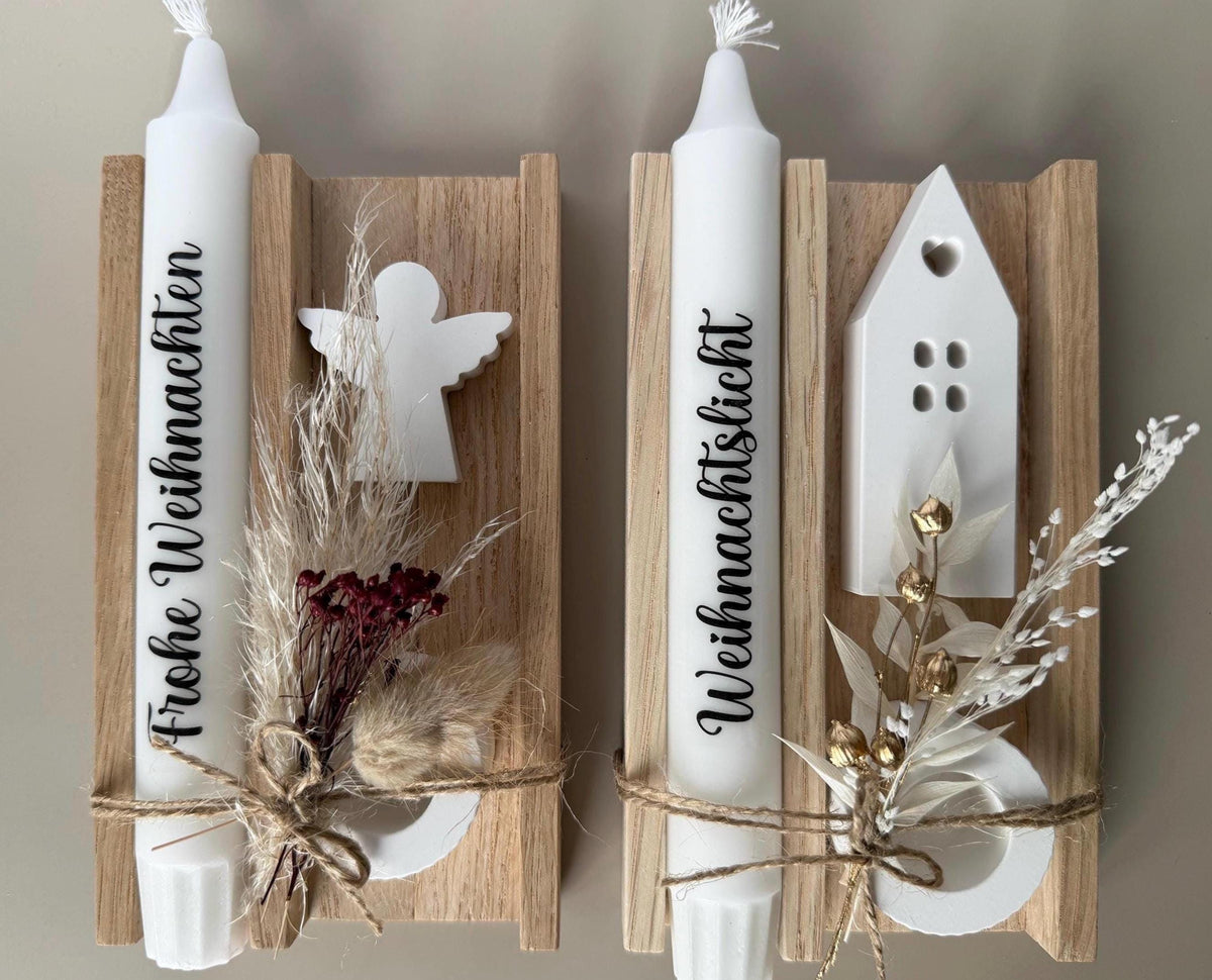 Zwei Weihnachtsgeschenke aus Eichenholz mit Haus und Engel