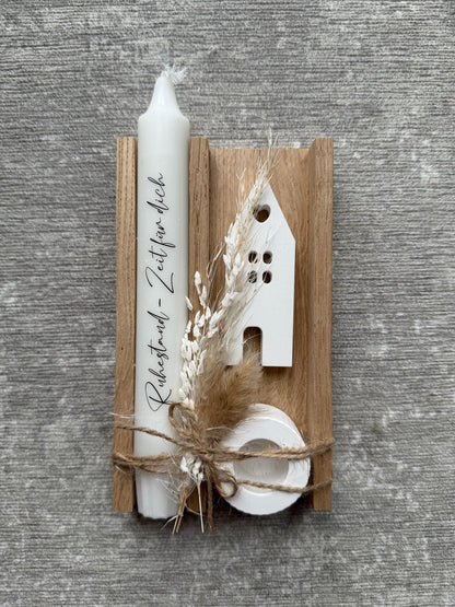 Geschenk zum Ruhestand mit Spruchkerze und handgegossenem Haus