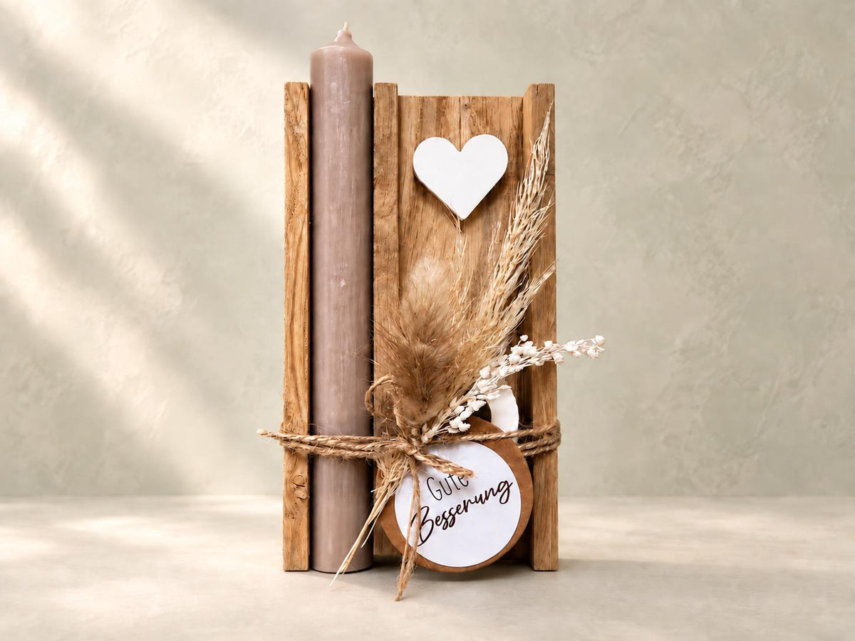 Gute-Besserung-Geschenk mit taupefarbener Kerze und Anhänger