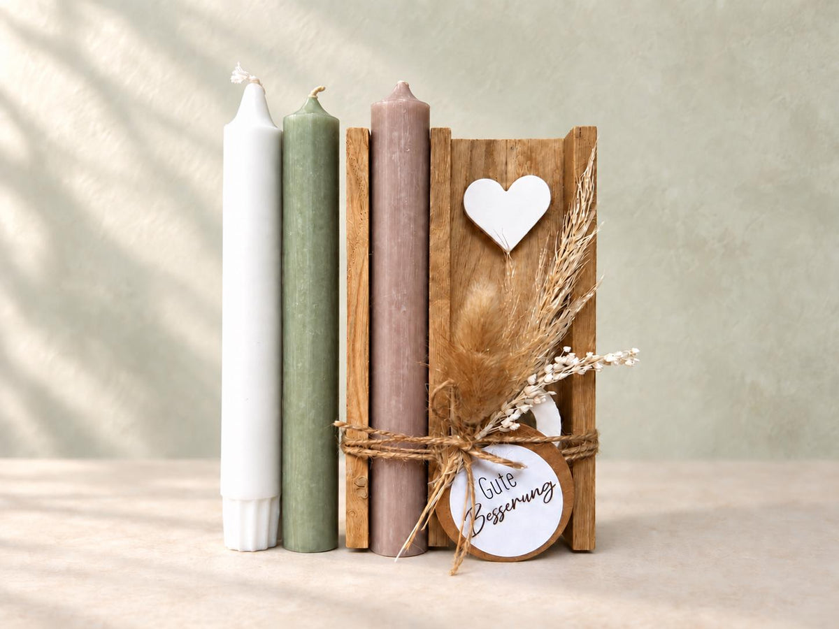 Gute-Besserung-Geschenk mit Kerzenvarianten in Weiß, Salbeigrün und Taupe