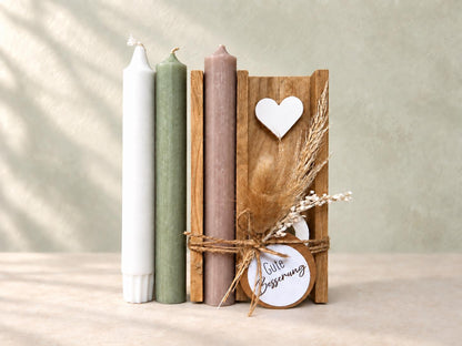 Gute-Besserung-Geschenk mit Kerzenvarianten in Weiß, Salbeigrün und Taupe