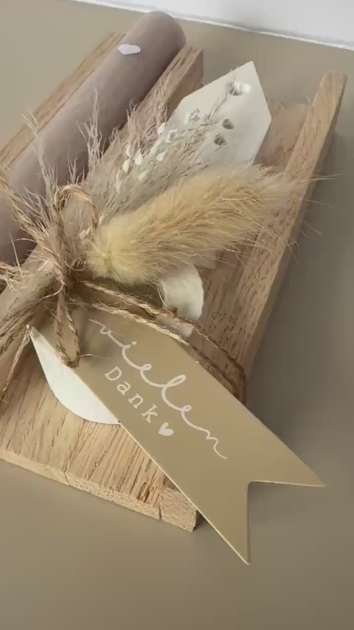 Dankeschön Geschenk Set - Handgemacht aus Eichenholz, Kerze und Trockenblumen – Perfektes Geschenk für Freundin, Kollegen und Familie