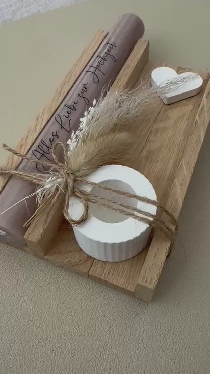 Hochzeitsgeschenk mit Kerze, Eichenholz & Trockenblumen