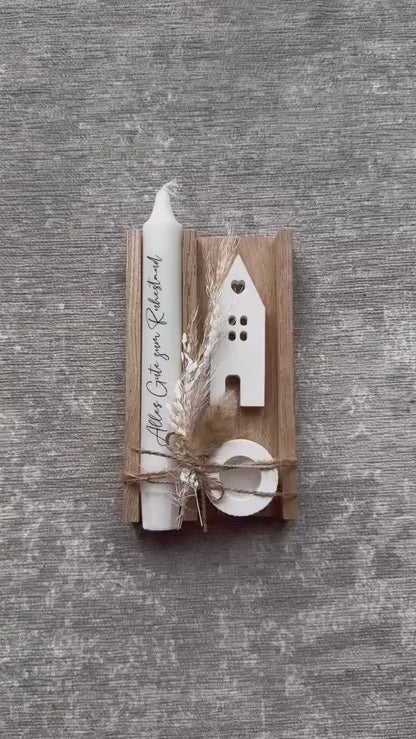 Geschenk zum Ruhestand mit Kerze und Trockenblumen